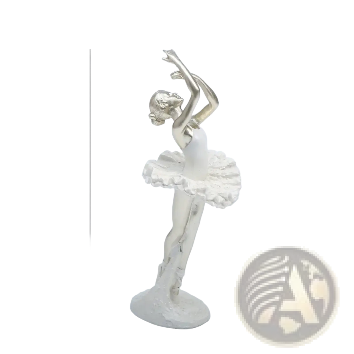 A delicate silver-toned ballet dancer figurine with a flowing white tutu on an oval base for home decor