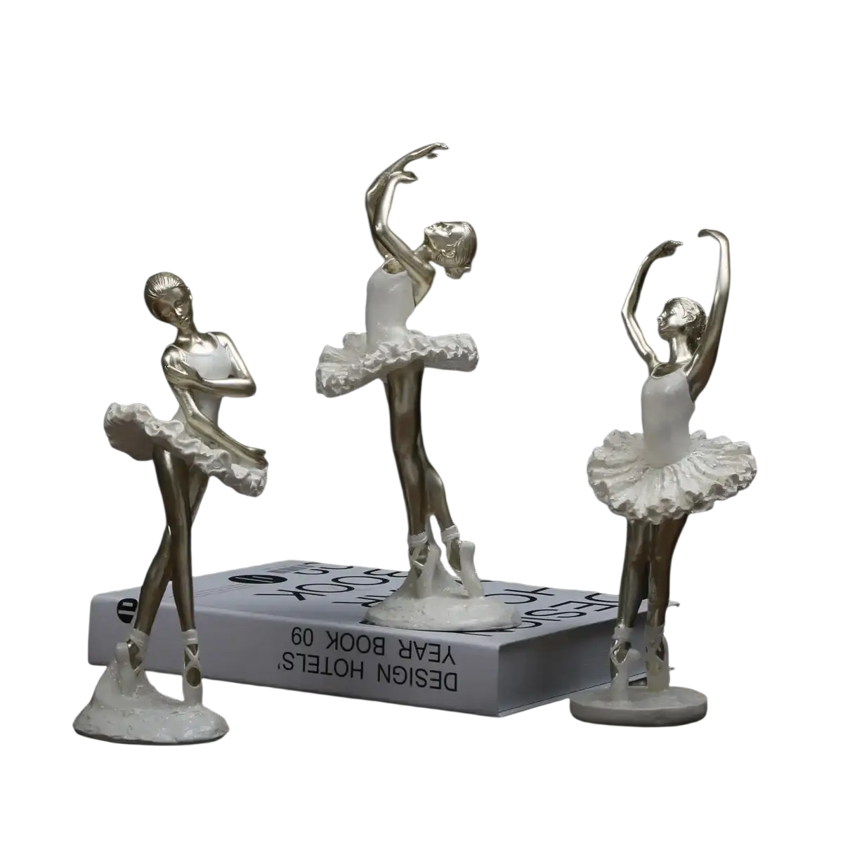 Three elegant ballet dancer figurines with metallic gold torsos and white tutus for silver home decor