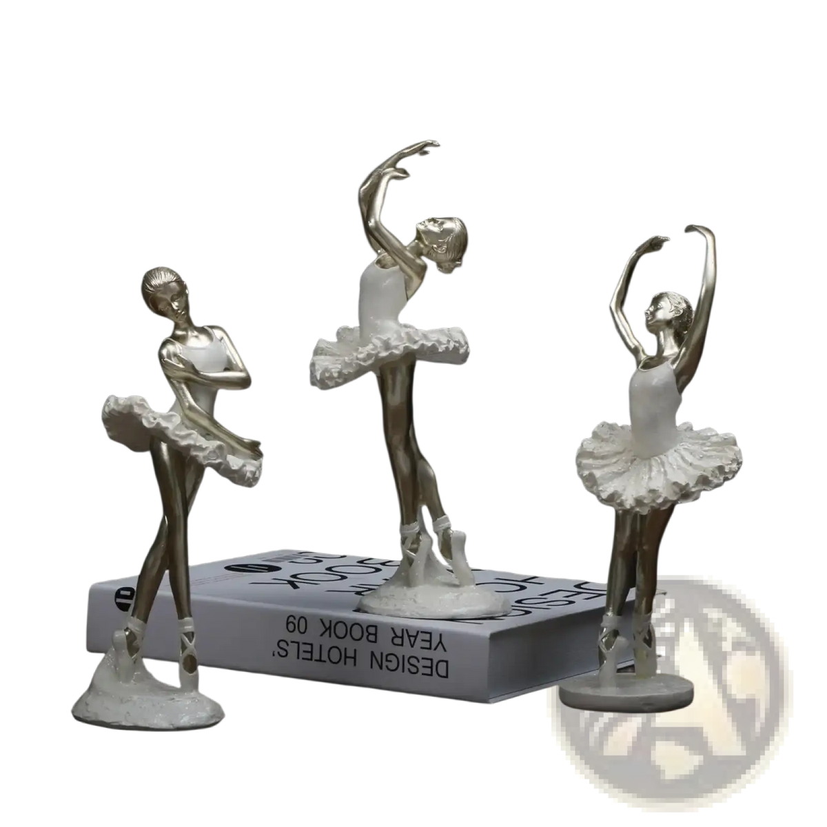 Three elegant ballet dancer figurines with metallic gold torsos and white tutus for silver home decor