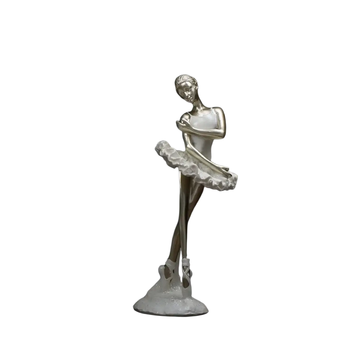 Silver-toned ballet dancer figurine with delicate ruffled tutu and pointed toe shoes for elegant home decor