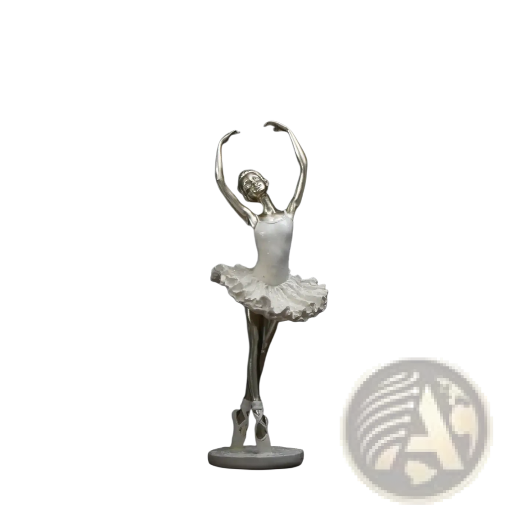 Silver ballet dancer figurine with white tutu and pointed shoes on a circular base for home decor