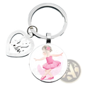 Silver heart-shaped charm with i love ballet engraved and round glass dome pendant featuring ballerina in pink attire keychain
