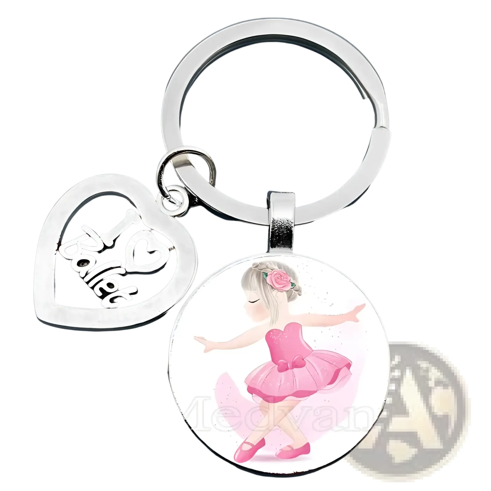 Silver heart-shaped charm with i love ballet engraved and round glass dome pendant featuring ballerina in pink attire keychain