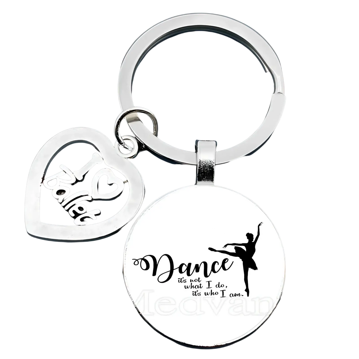 Silver ballet keychain glass dome featuring heart charm i love ballet and engraved round disc with dancer silhouette