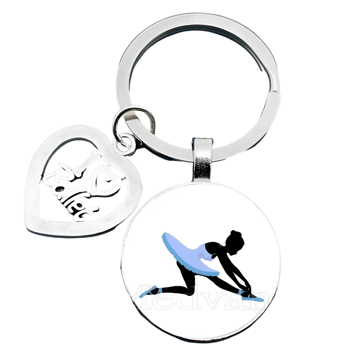 Silver ballet keychain with heart shaped i love ballet charm and blue tutu dancer disc glass dome gift