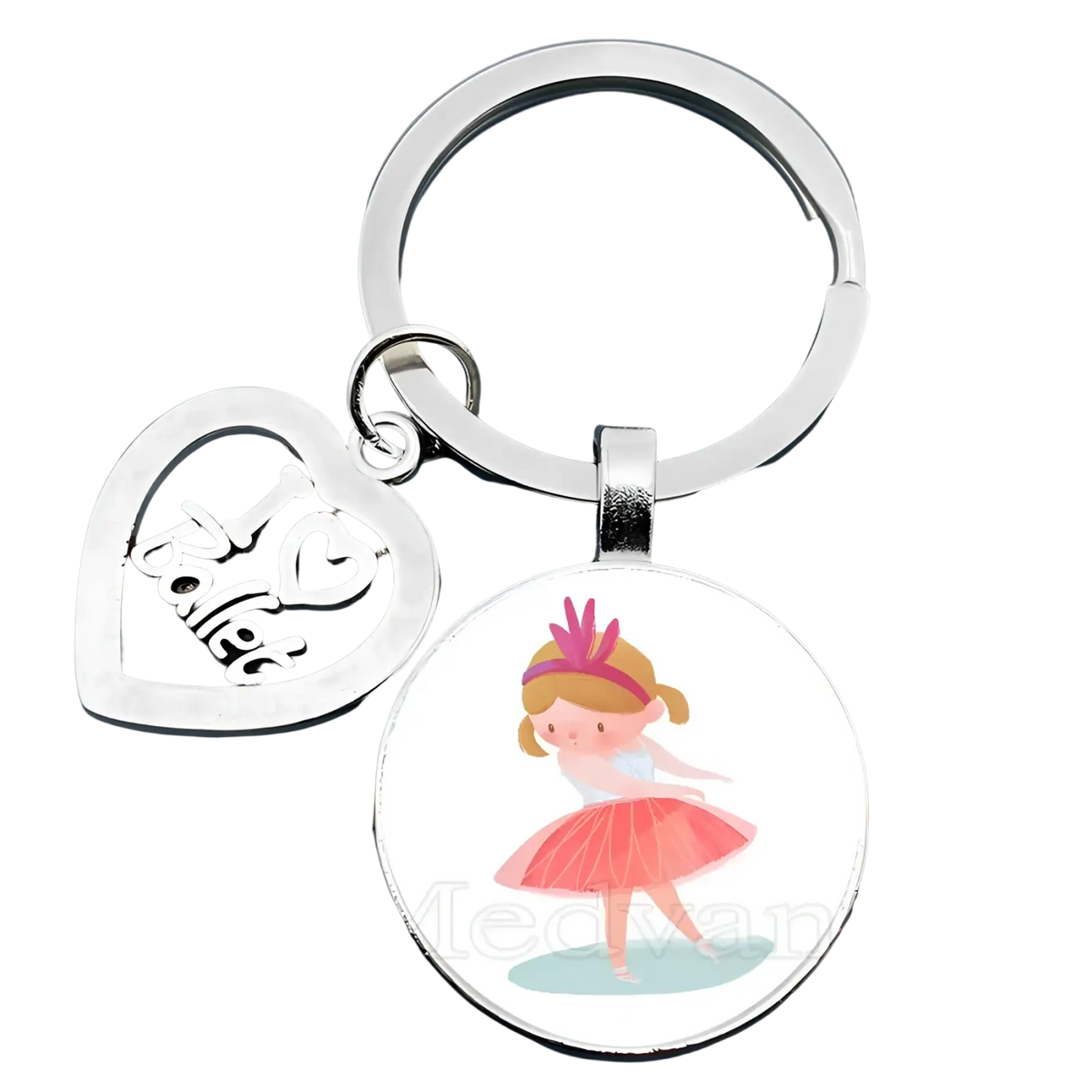 Silver heart-shaped charm with i heart ballet engraving and round glass pendant featuring ballerina in pink tutu keychain