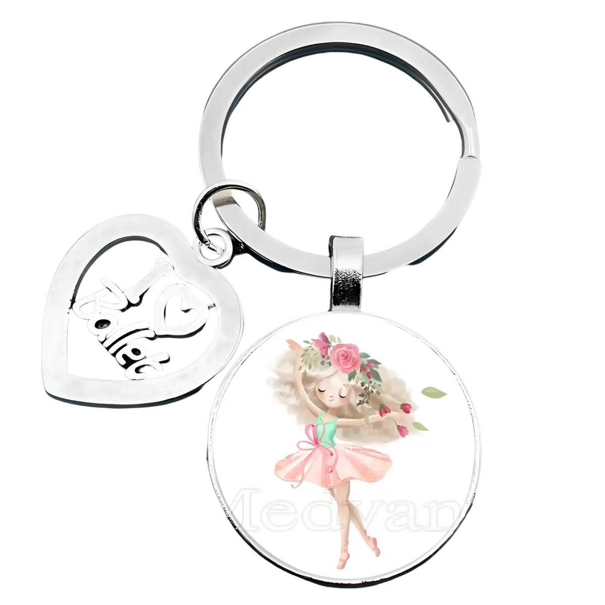 Silver heart-shaped charm engraved i heart ballet and round glass pendant with pink tutu ballerina ballet keychain gift