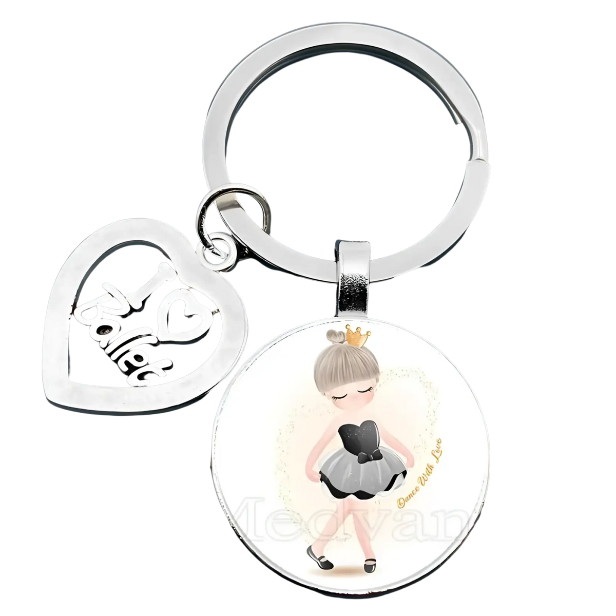 Silver ballet keychain with heart charm engraved i love ballet and glass dome pendant featuring ballerina in black tutu