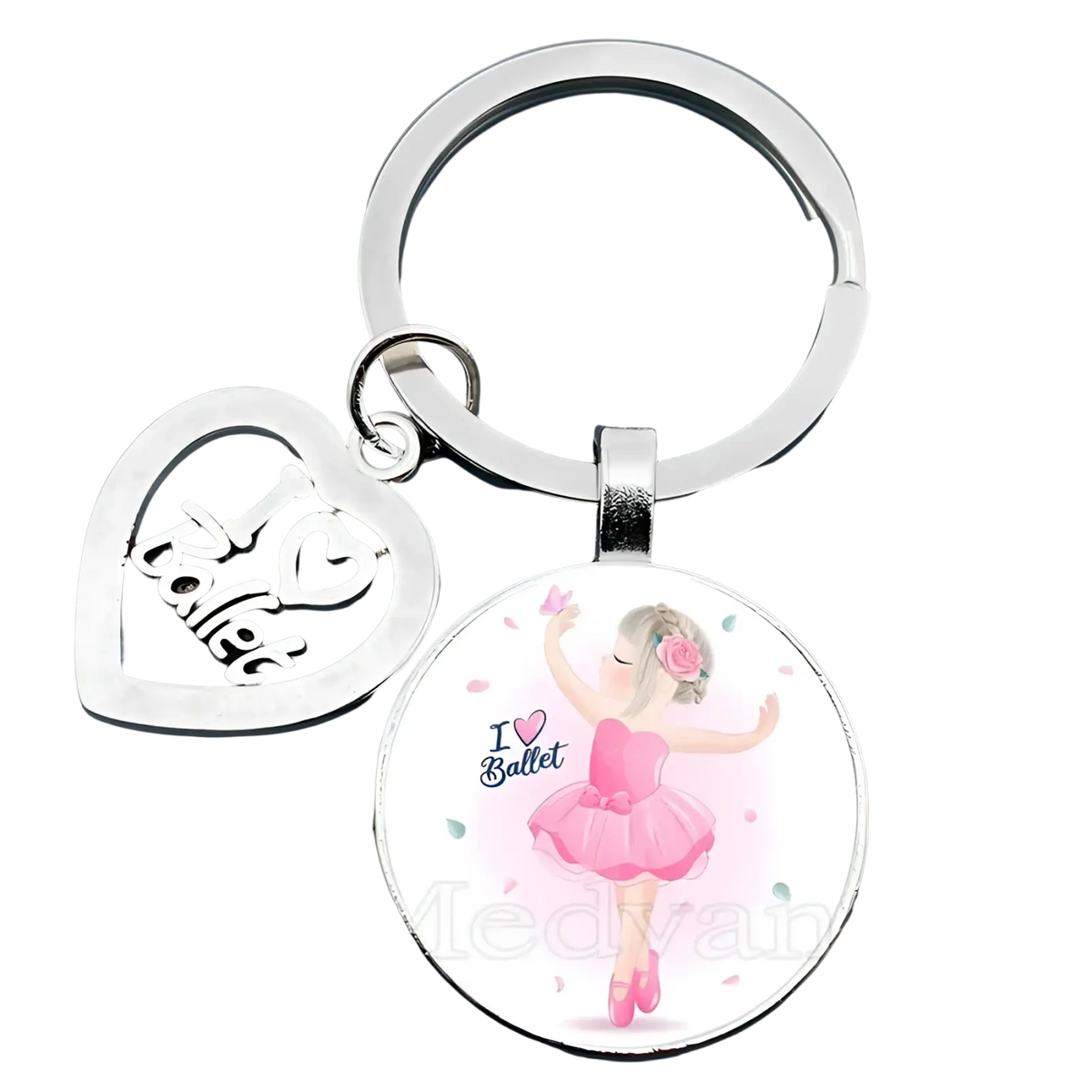 Silver heart-shaped charm and glass pendant keychain with pink ballet dancer and i love ballet text gift item