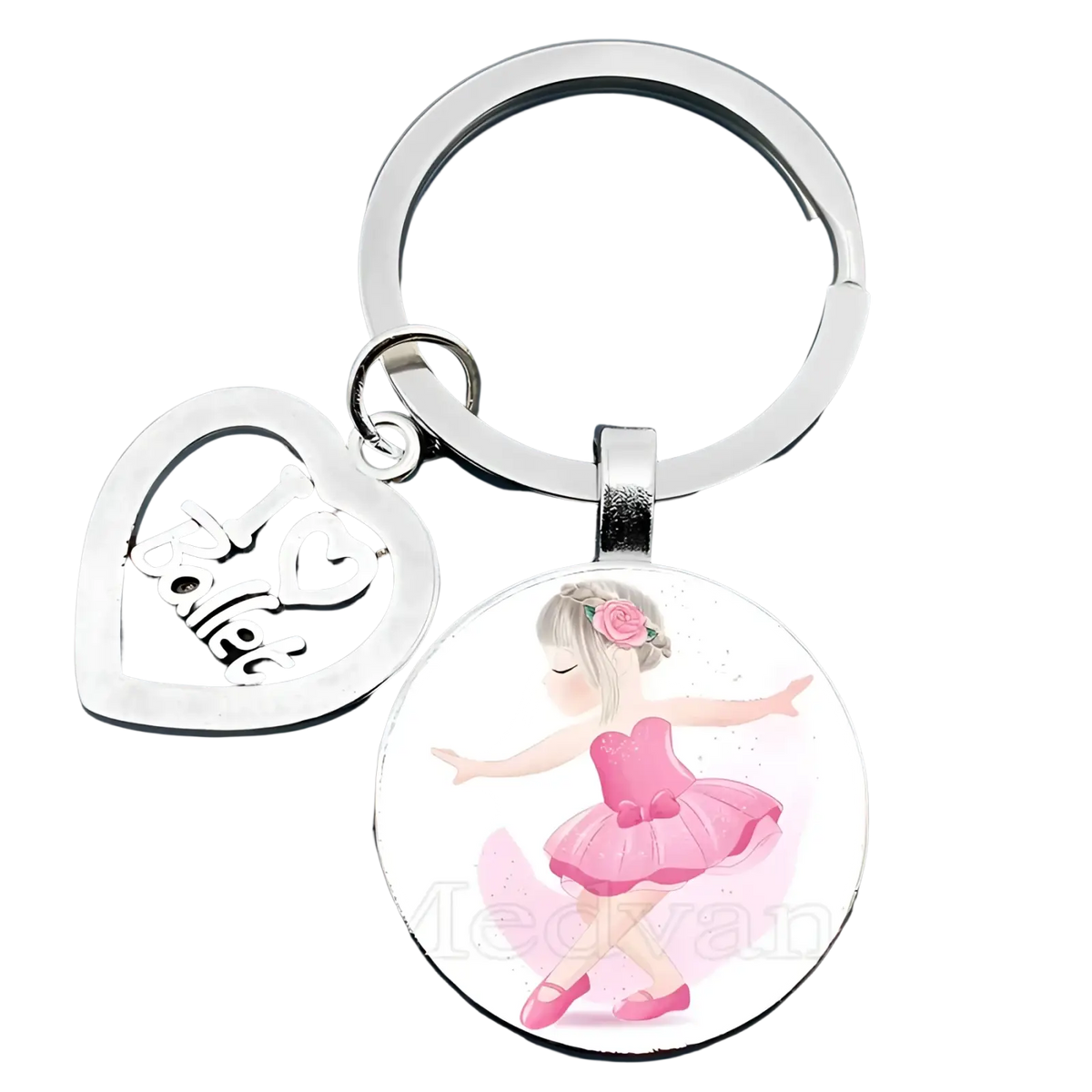 Silver heart-shaped charm with i love ballet engraved and round glass dome pendant featuring ballerina in pink attire keychain