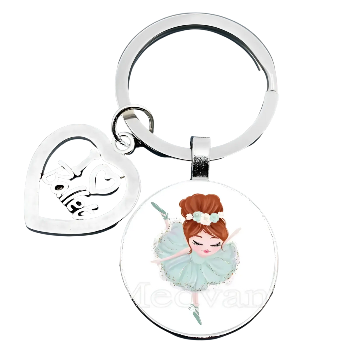Silver ballet keychain with heart-shaped charm engraved i love ballet and round glass pendant featuring ballerina in blue tutu