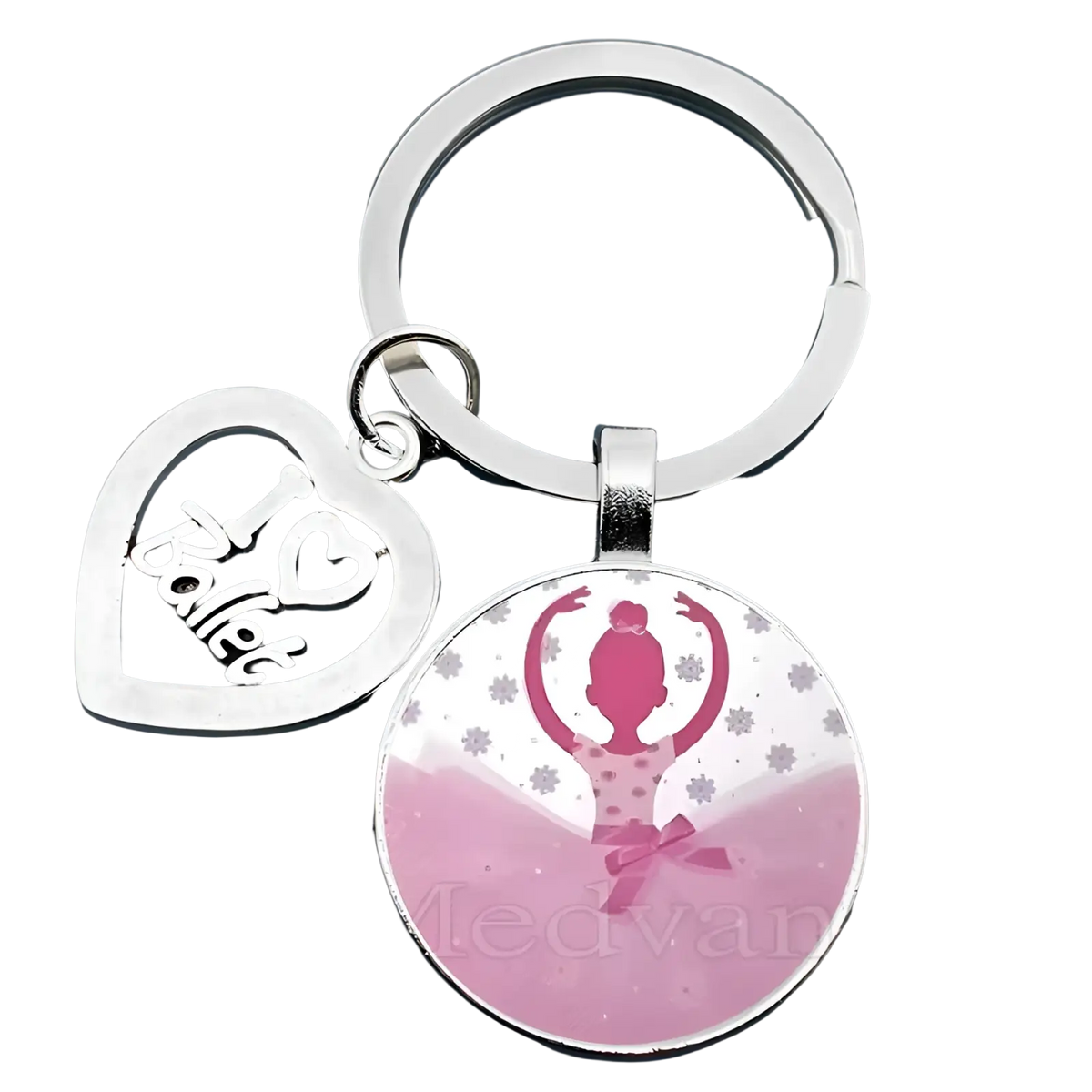 Silver heart-shaped charm with i heart ballet engraving and pink ballet dancer pendant on glass dome keychain gift