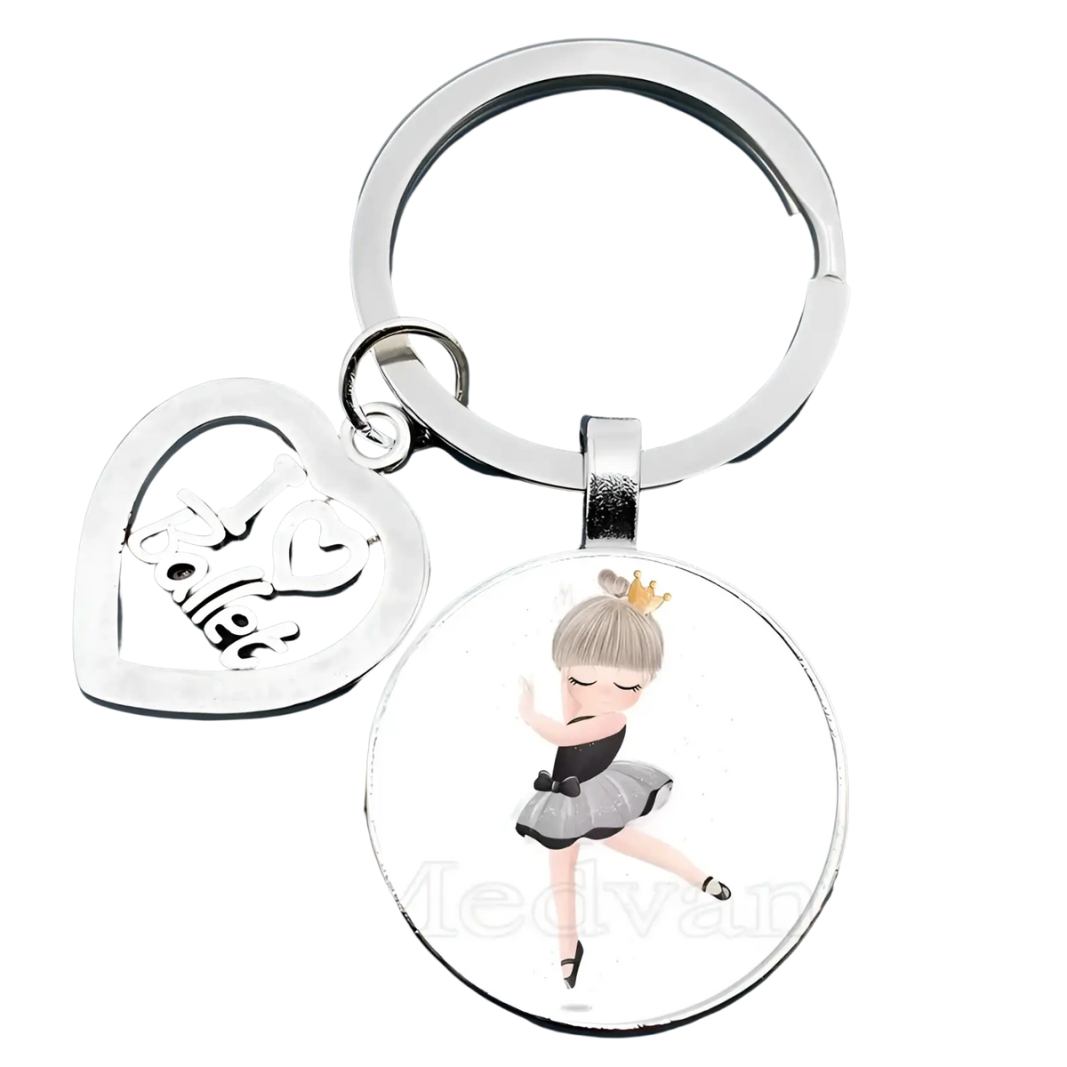 Ballet keychain with a silver heart charm engraved i heart ballet and a glass dome pendant featuring a ballerina