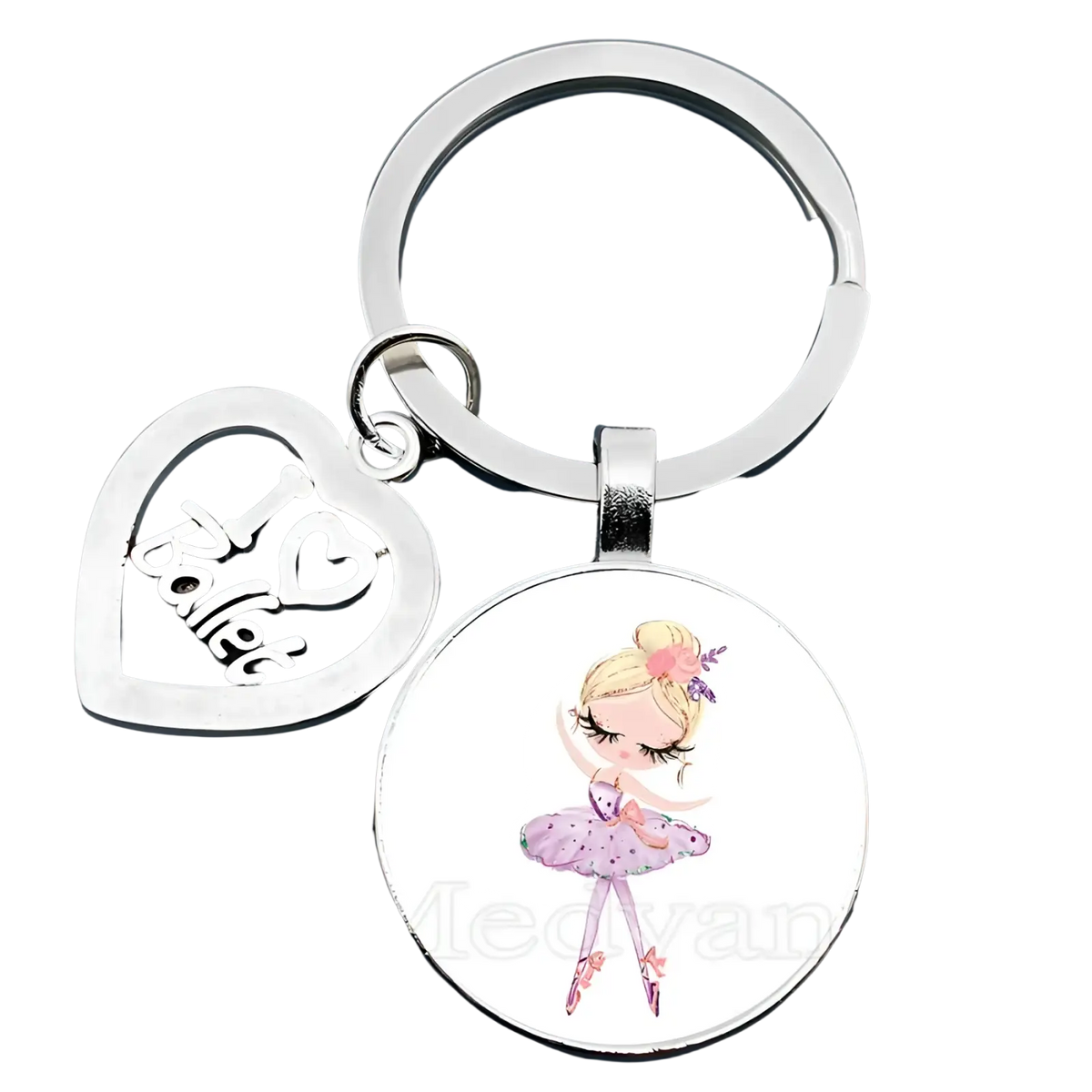 Silver heart-shaped charm with i love ballet engraving and round glass pendant featuring a ballerina keychain gift