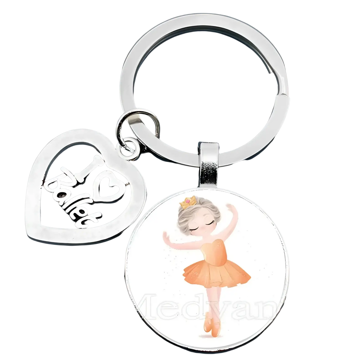 Silver heart-shaped charm with i love ballet engraving and round glass pendant featuring ballerina in orange tutu keychain