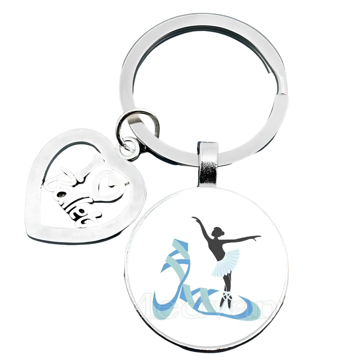 Silver ballet keychain with heart-shaped i love ballet charm and round blue and white ballerina silhouette disc