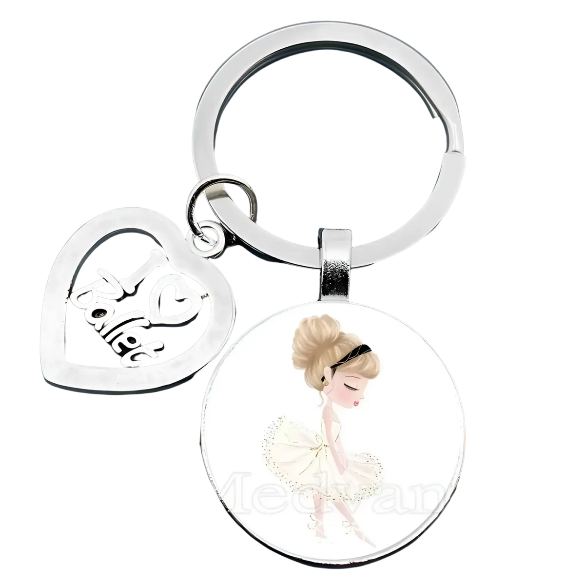 Silver ballet keychain with heart-shaped i love ballet charm and circular glass dome ballerina pendant gift