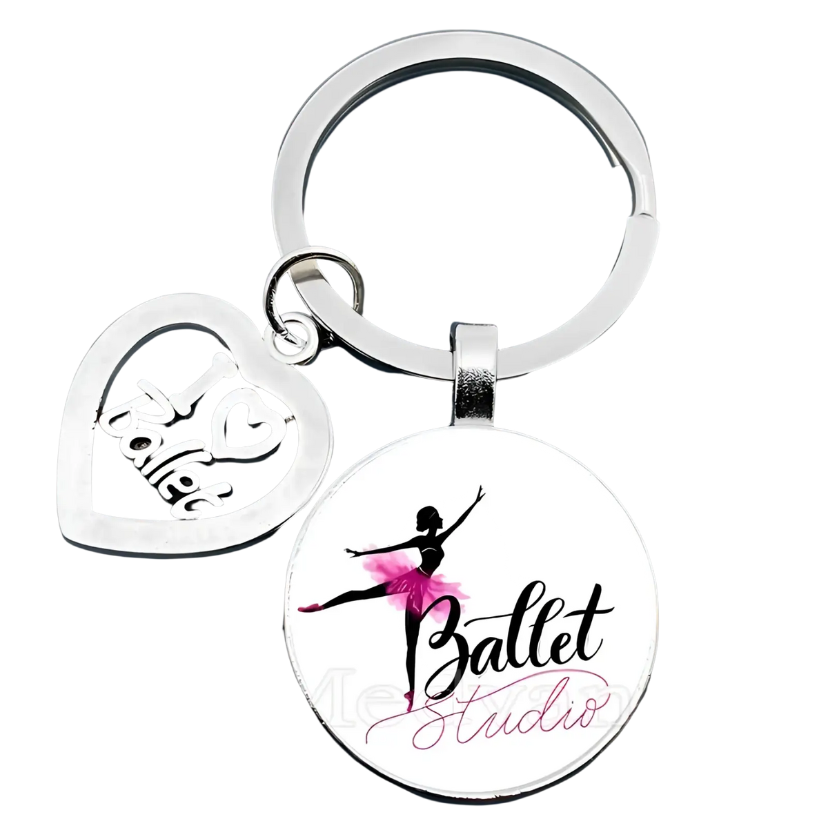 Silver ballet keychain with a heart charm and glass dome pendant featuring a pink tutu dancer silhouette ballet studio text