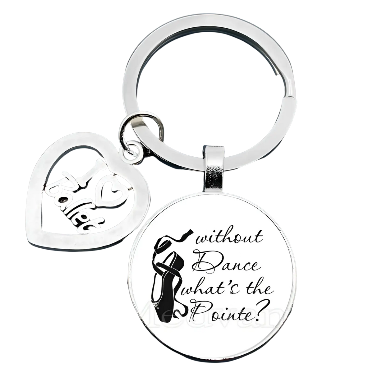 Silver ballet keychain glass dome dancer gift with heart charm i love ballet and circular pendant with pointe shoe design