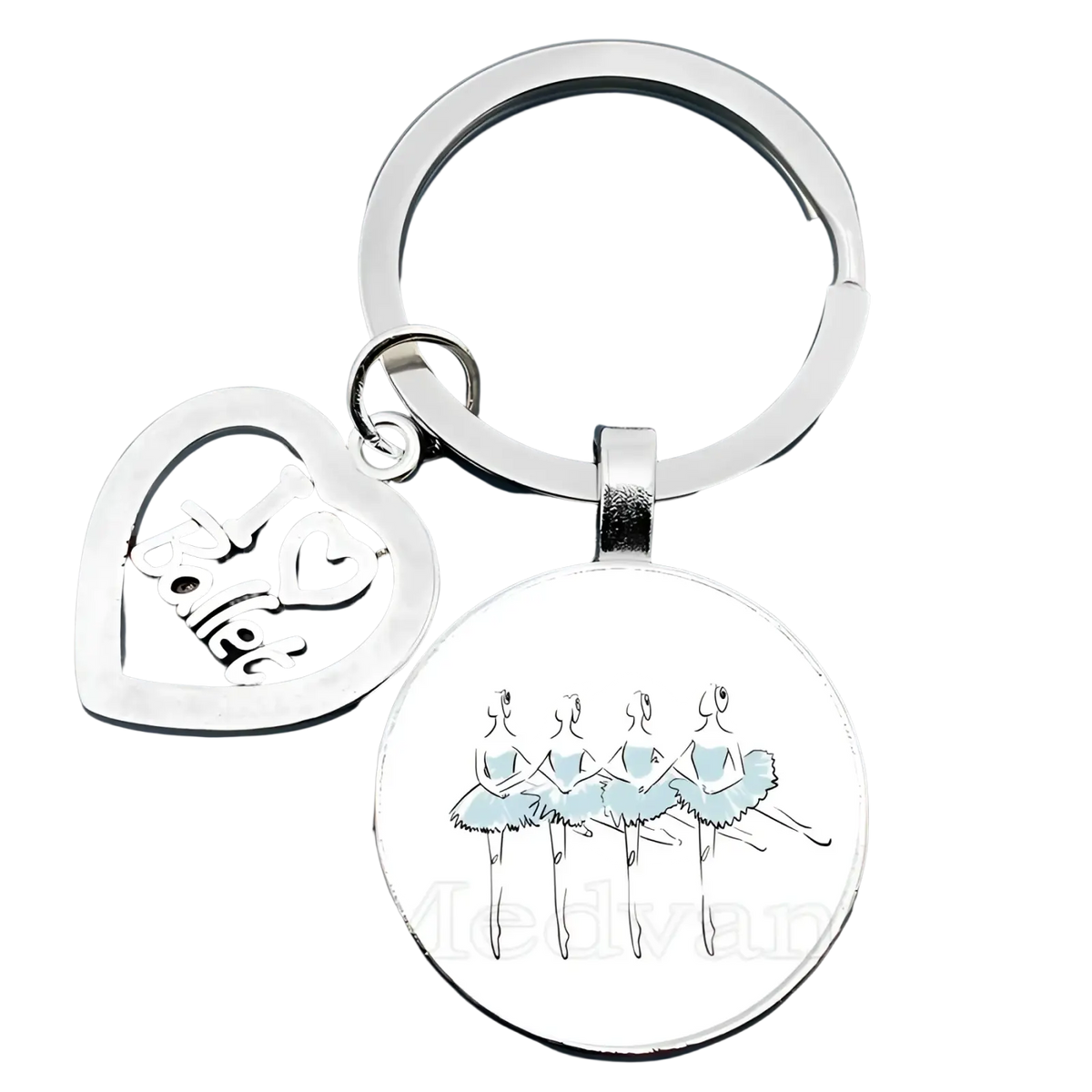 Silver ballet keychain with heart shaped i love ballet charm and glass dome pendant featuring ballerinas in blue tutus