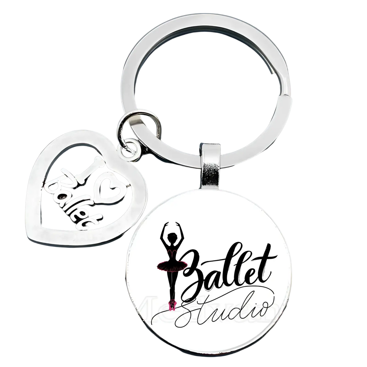 Silver ballet keychain glass dome dancer gift featuring heart charm with i love ballet and circular ballerina disc