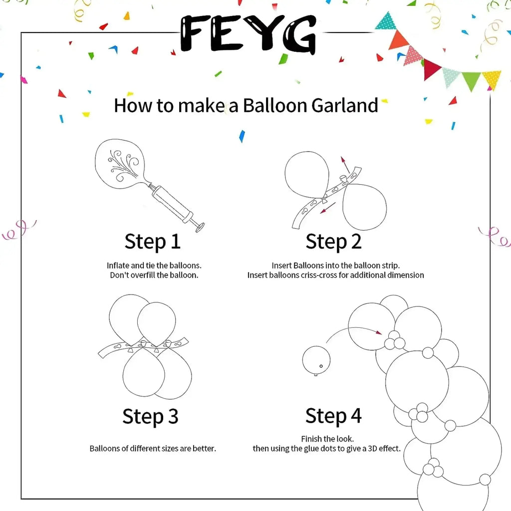 Feiyg balloon garland kit instruction diagram showing step-by-step assembly for blue yellow white festive decoration