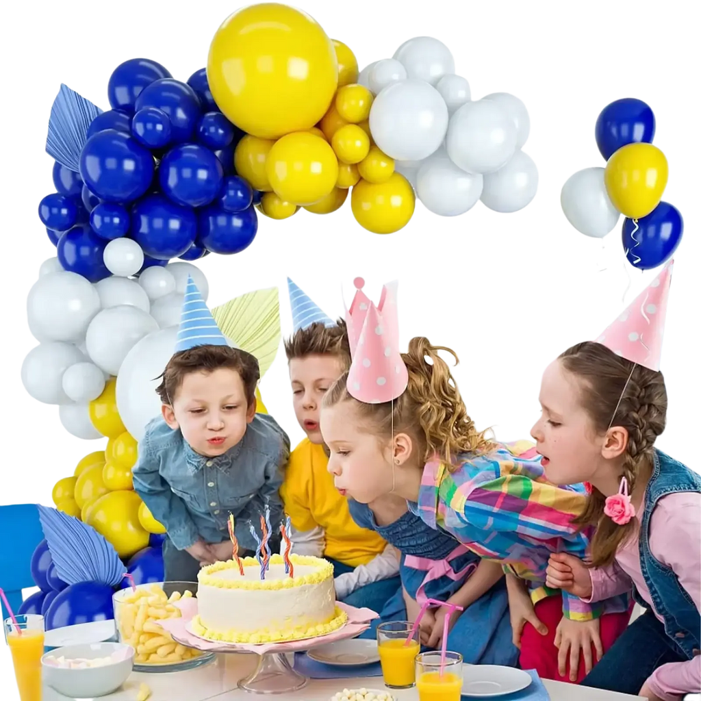 Yellow frosted birthday cake with white piped border and three colorful candles for balloon garland kit blue yellow white 50 pieces