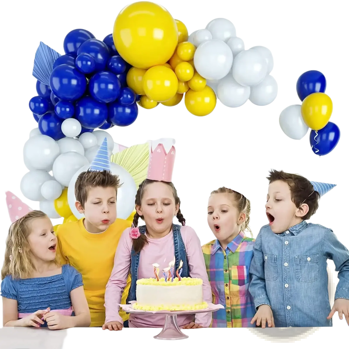 White frosted birthday cake with yellow and blue candles on pink stand featuring balloon garland kit blue yellow white 50 pieces