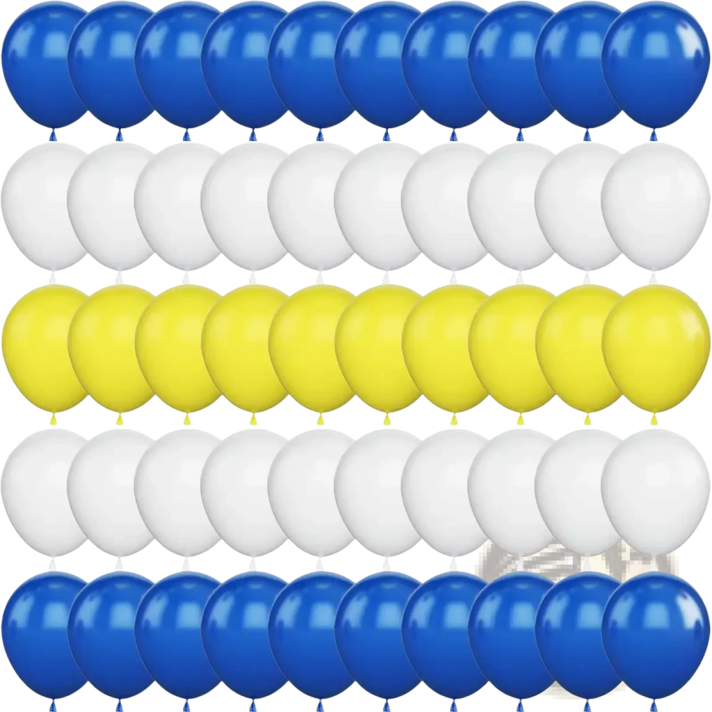 A balloon garland kit with 50 glossy latex balloons in vibrant blue white and sunny yellow arranged in neat rows