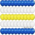 A balloon garland kit with 50 glossy latex balloons in vibrant blue white and sunny yellow arranged in neat rows