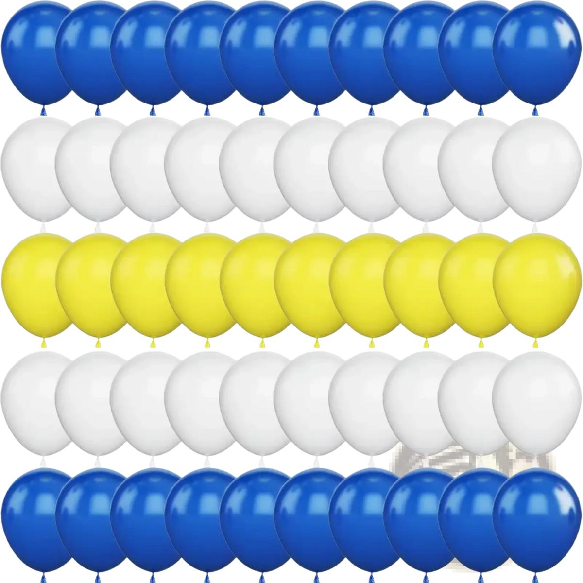 A balloon garland kit with 50 glossy latex balloons in vibrant blue white and sunny yellow arranged in neat rows