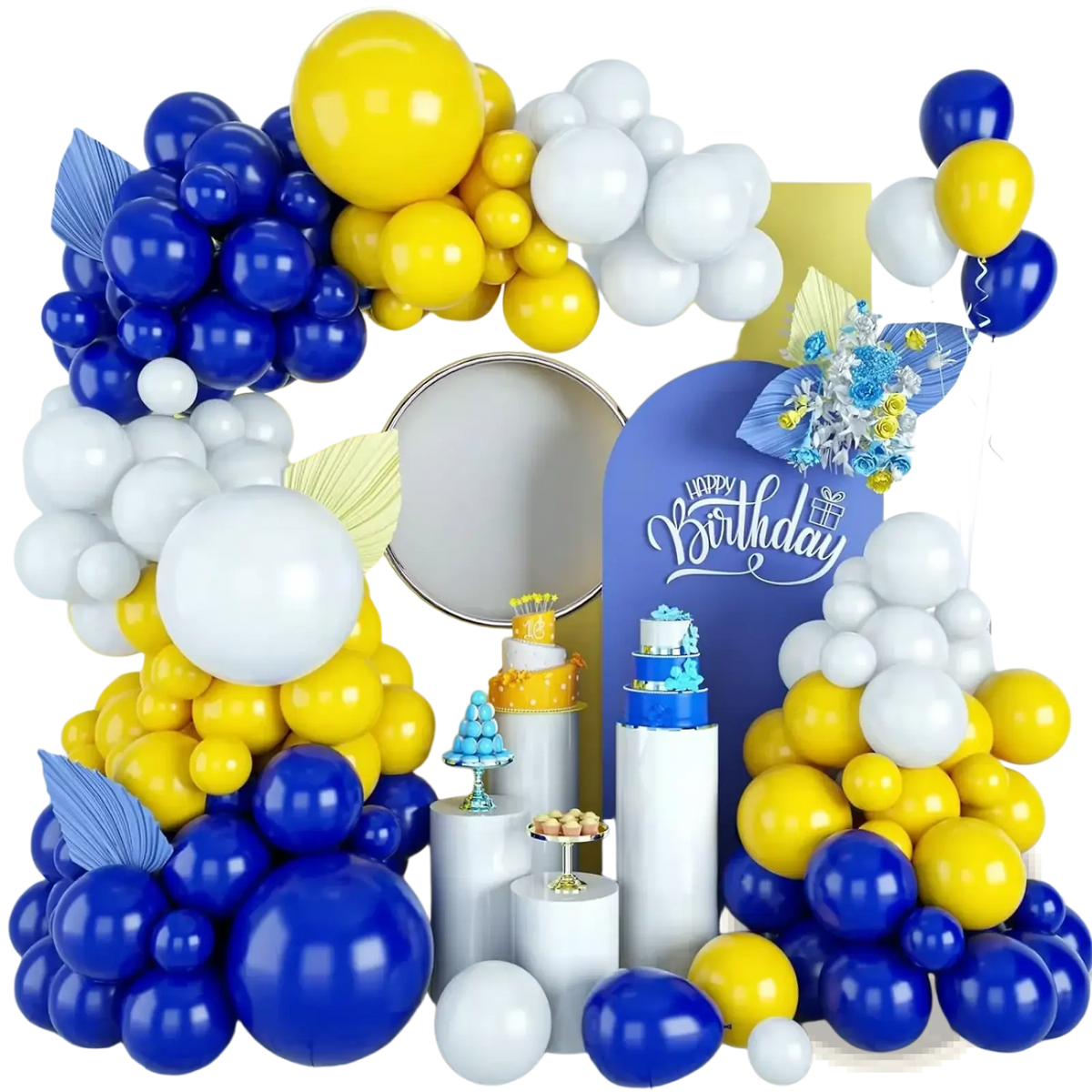 A vibrant balloon garland kit with 50 pieces in blue yellow white featuring decorative leaf accents