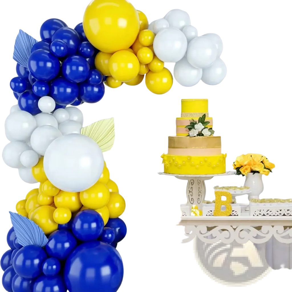 A vibrant balloon garland kit with 50 glossy blue yellow and white latex balloons and decorative leaf accents