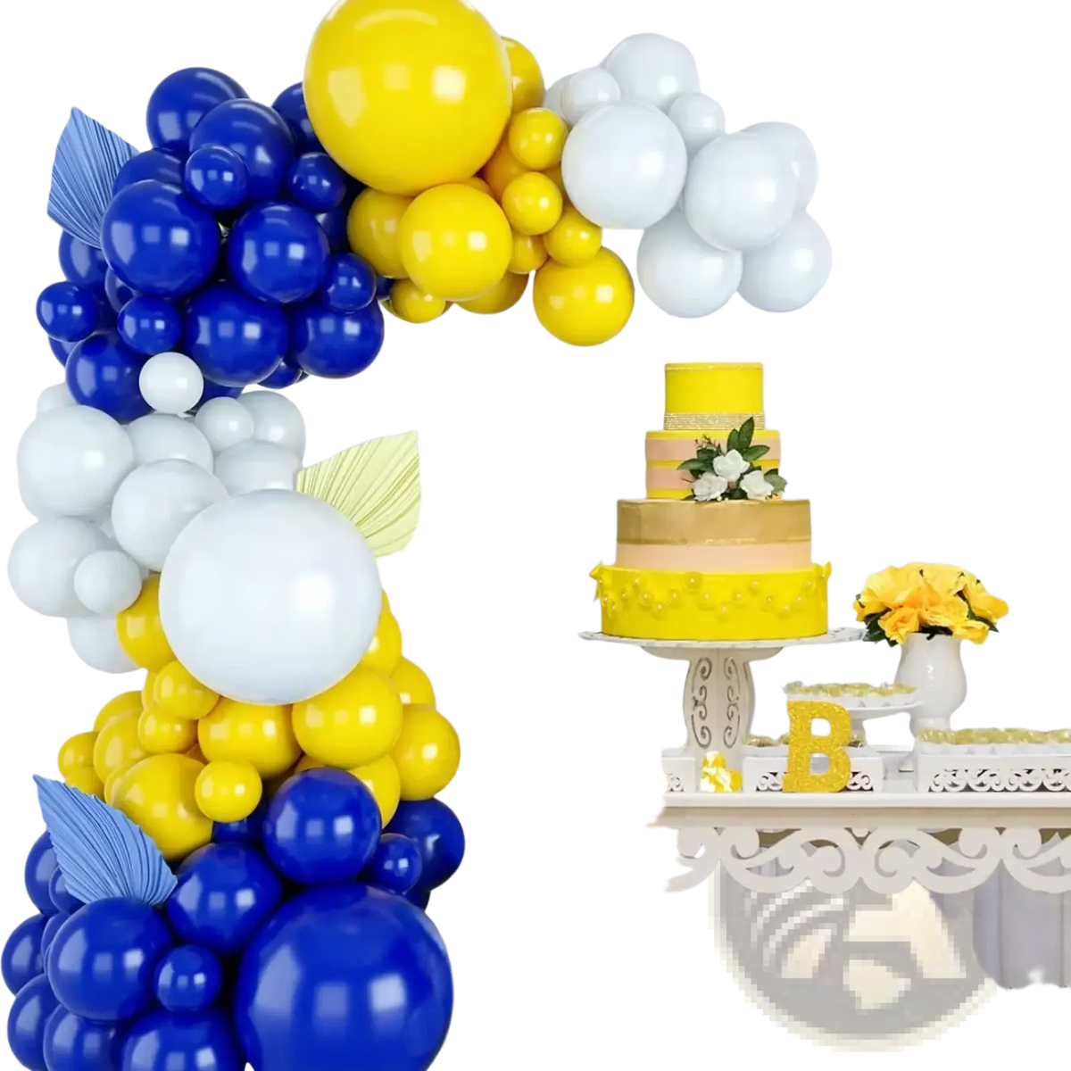 A vibrant balloon garland kit with 50 glossy blue yellow and white latex balloons and decorative leaf accents