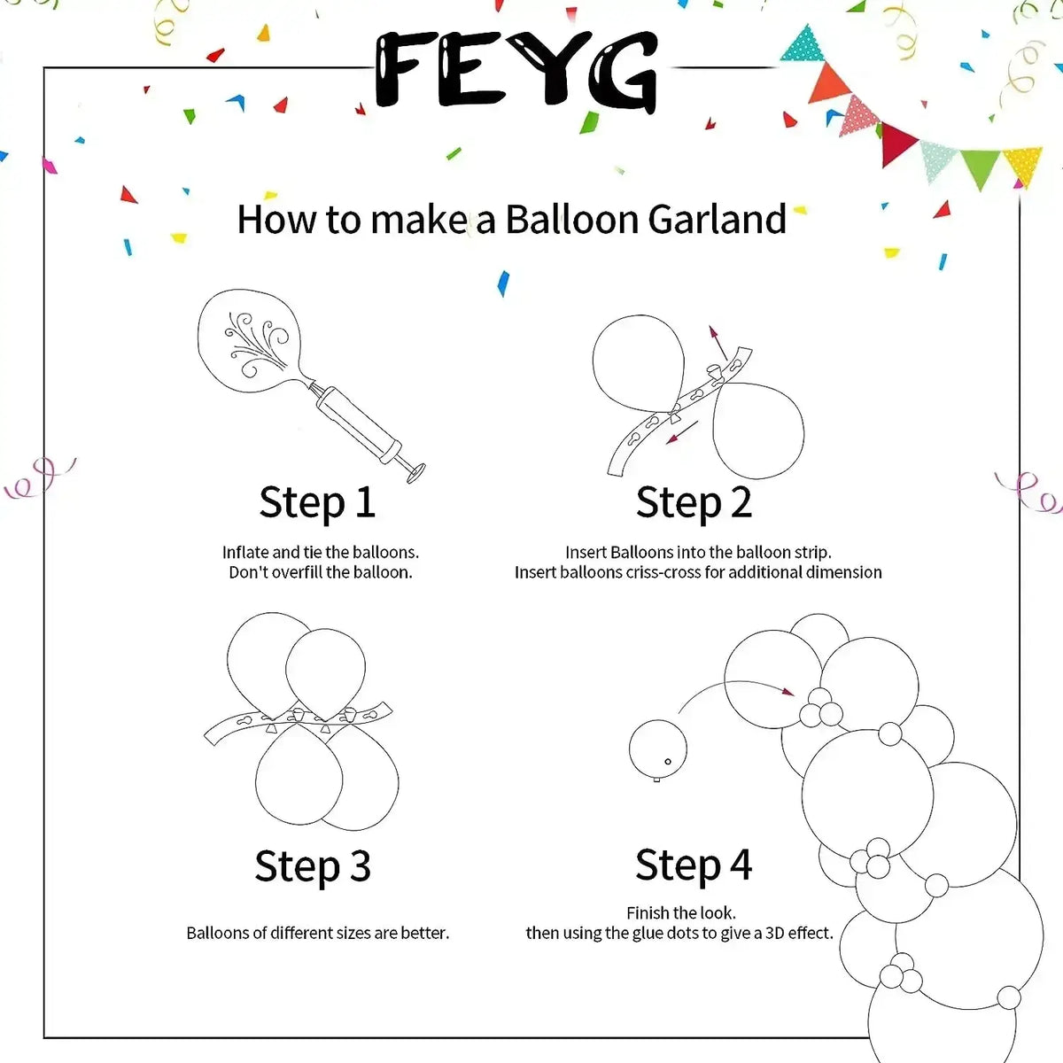 Feiyg balloon garland kit instruction diagram showing step-by-step tutorial for blue yellow white festive garland kit