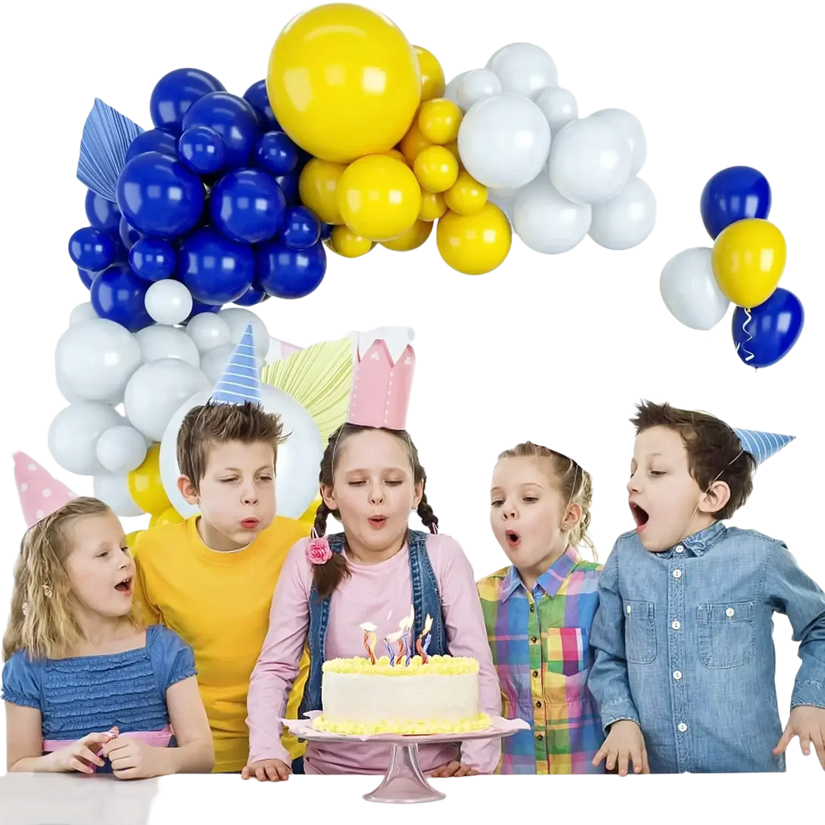 White frosted birthday cake with yellow and blue candles on pink stand featuring balloon garland kit blue yellow white 50 pieces