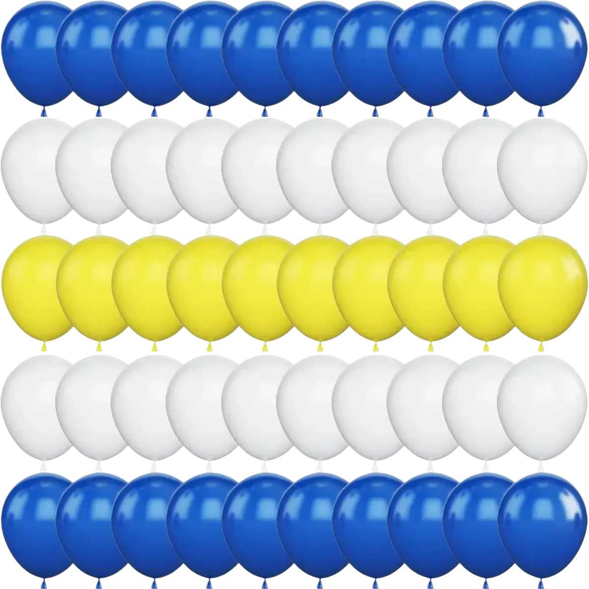 A balloon garland kit with 50 glossy latex balloons in vibrant blue white and sunny yellow arranged in neat rows