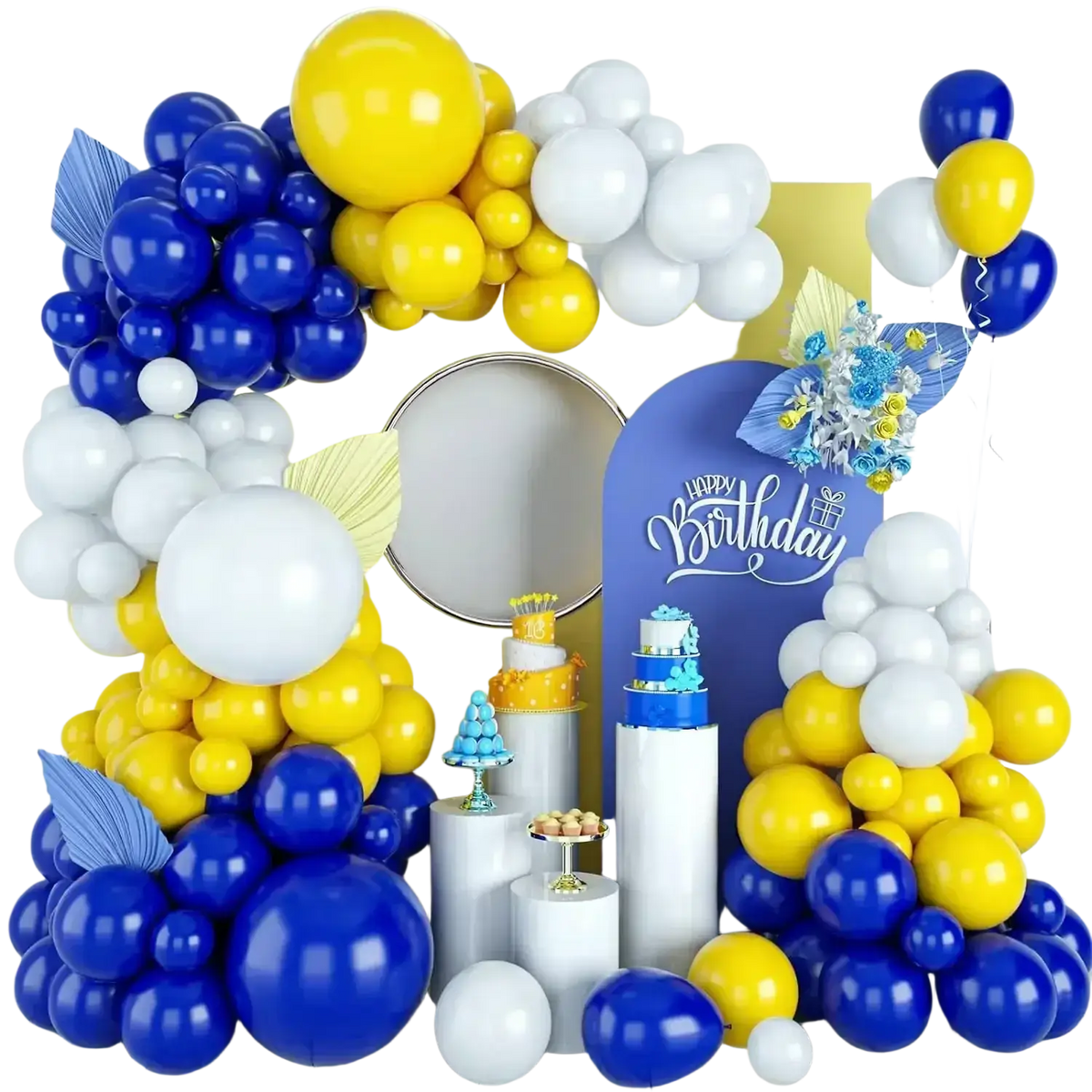 A vibrant balloon garland kit with blue yellow and white balloons and decorative leaf accents 50 pieces