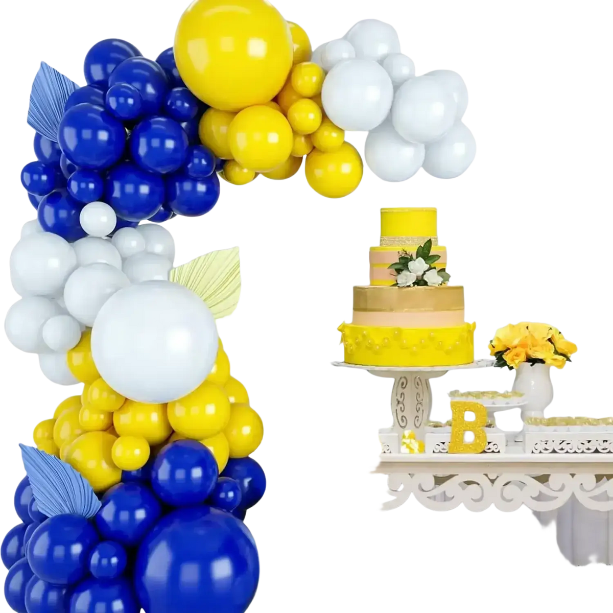 A vibrant balloon garland kit with 50 glossy blue yellow and white latex balloons in a curved flowing design