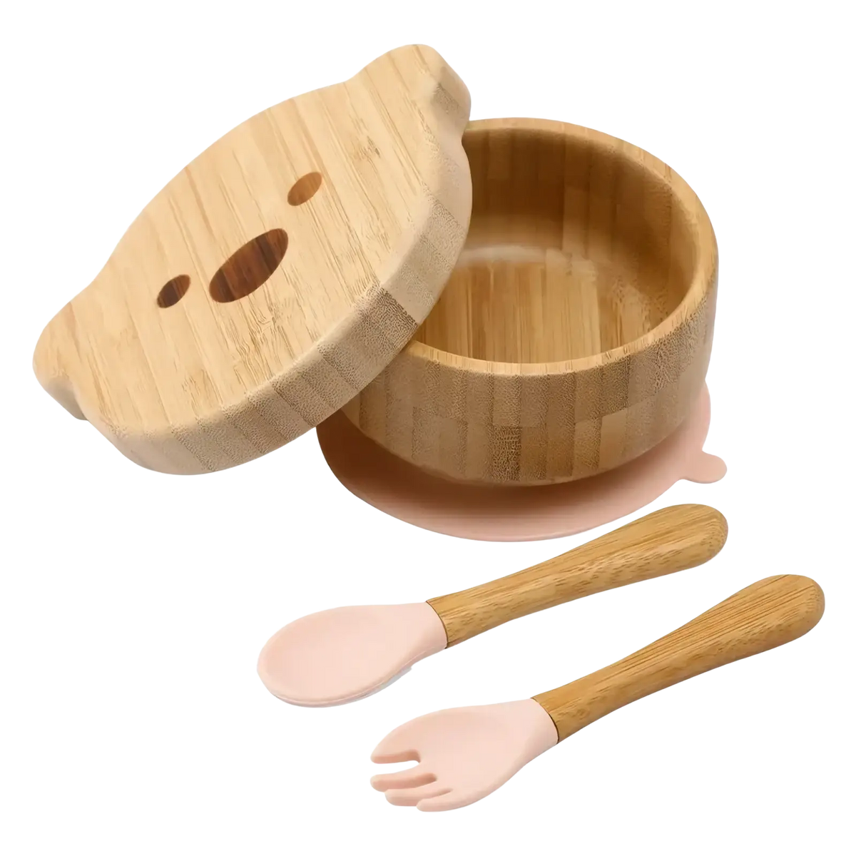 Bamboo baby feeding set with silicone tableware featuring a bear-shaped lid pink suction base and matching spoon and fork