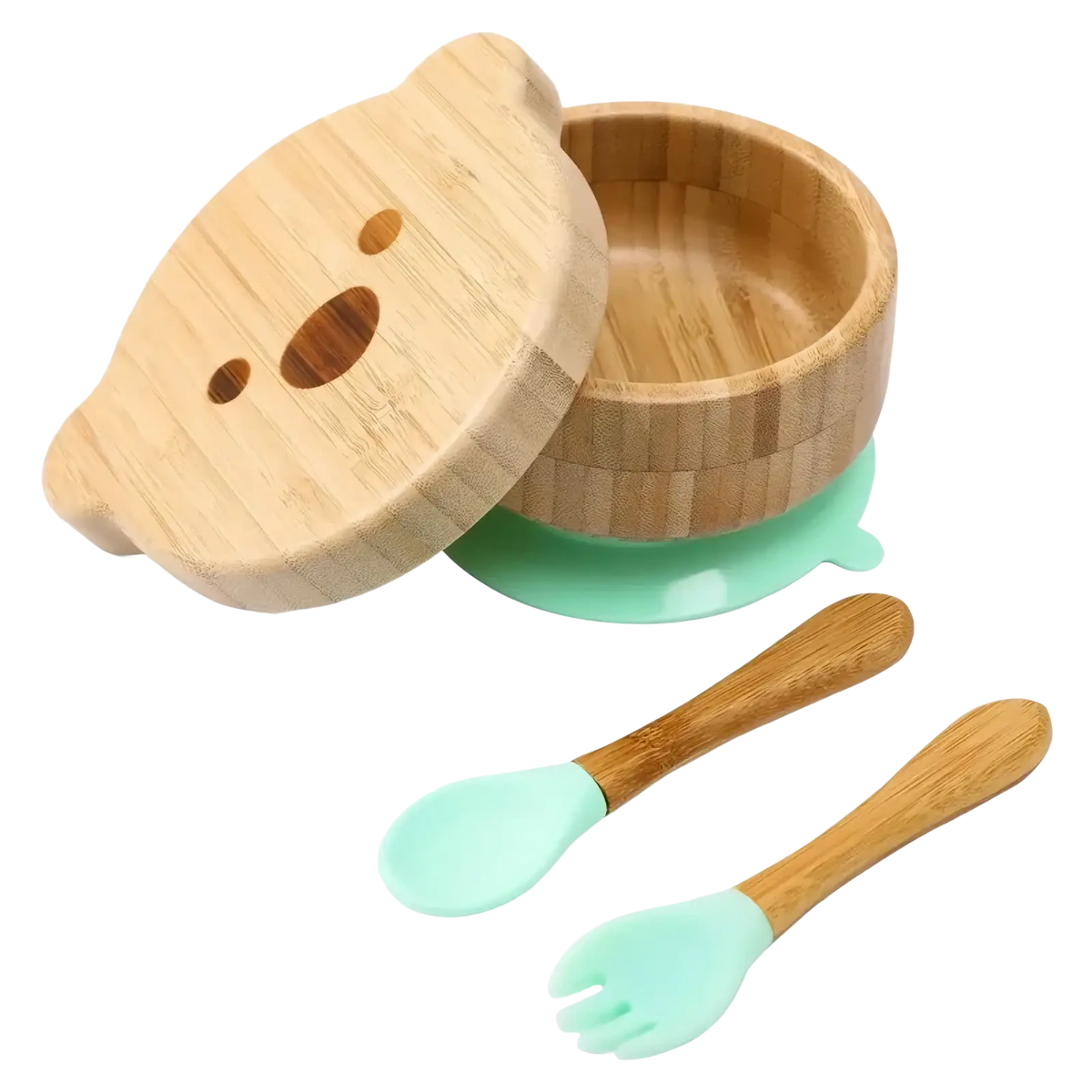 Bamboo baby feeding set with light green silicone suction base and handles featuring bear-shaped lid and matching utensils