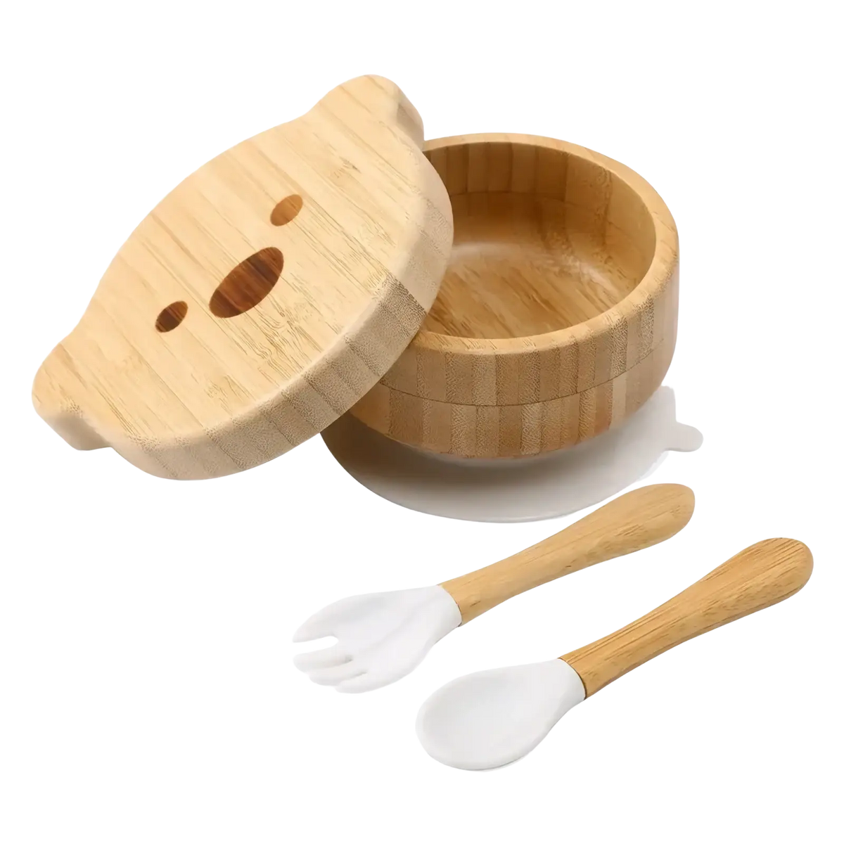 Bamboo baby feeding set with silicone tableware featuring white utensils with wooden handles and a bear-shaped bamboo lid