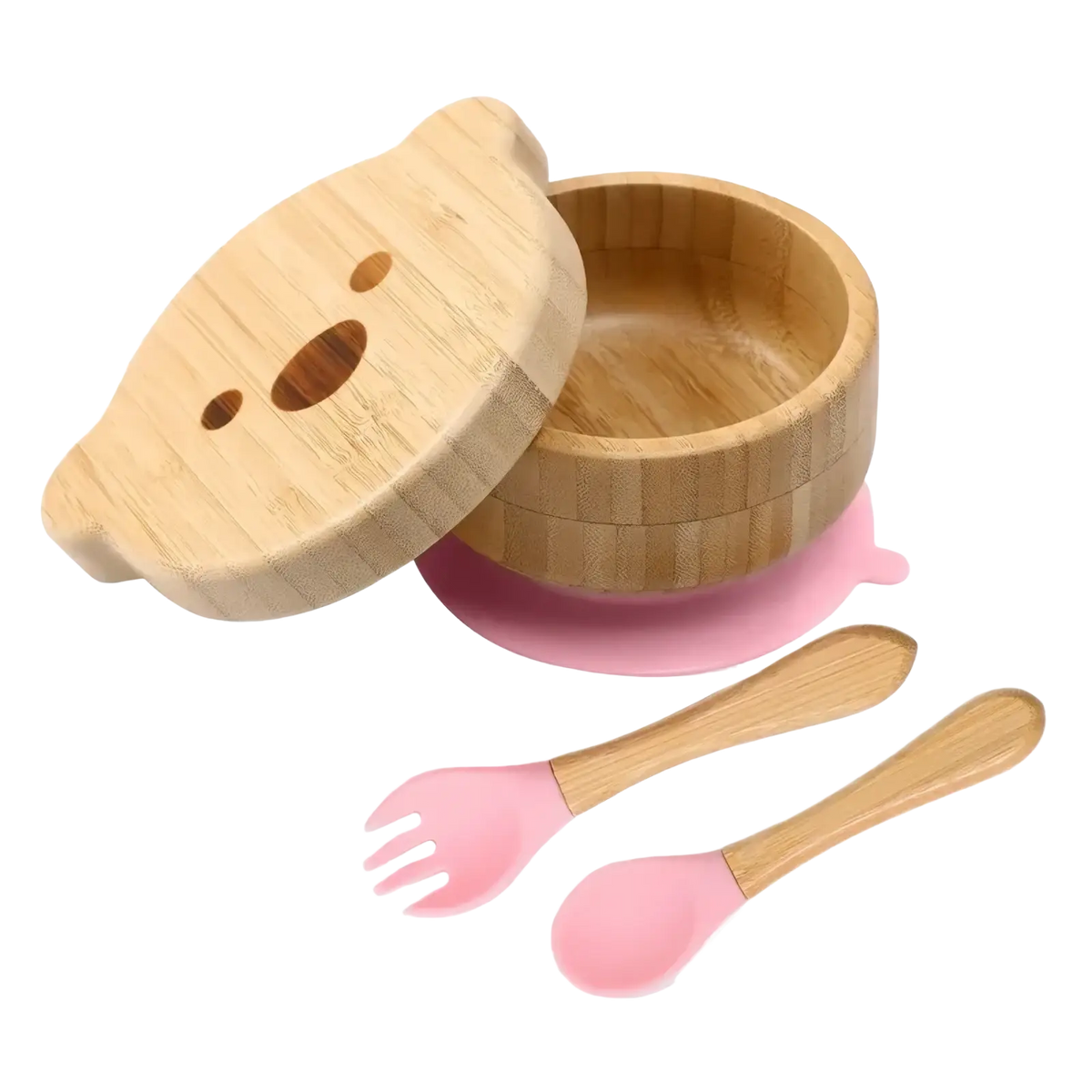 Bamboo baby feeding set with silicone tableware featuring a pink bear-shaped lid and pink silicone fork and spoon