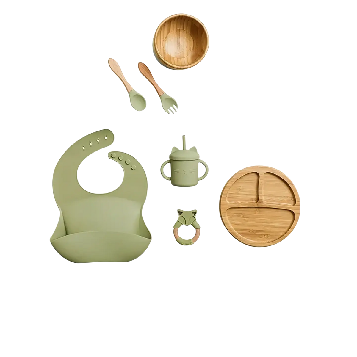 The green silicone bib from the bamboo baby feeding set features adjustable neck strap and multiple snap fasteners