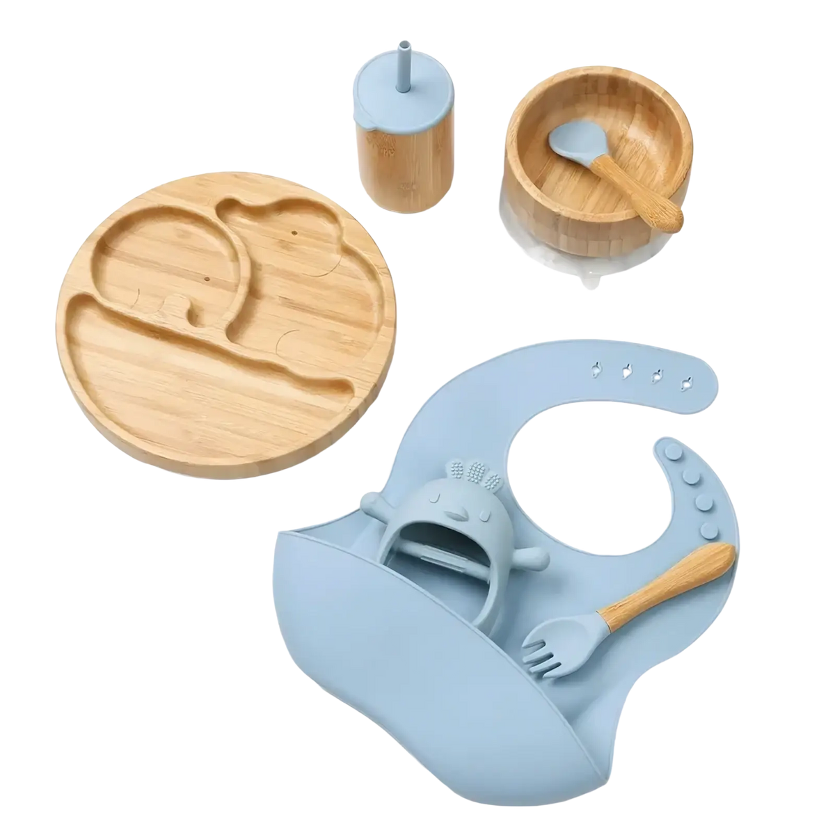 Light blue silicone baby bib with cute elephant face and wooden utensils in bamboo baby feeding set with silicone tableware