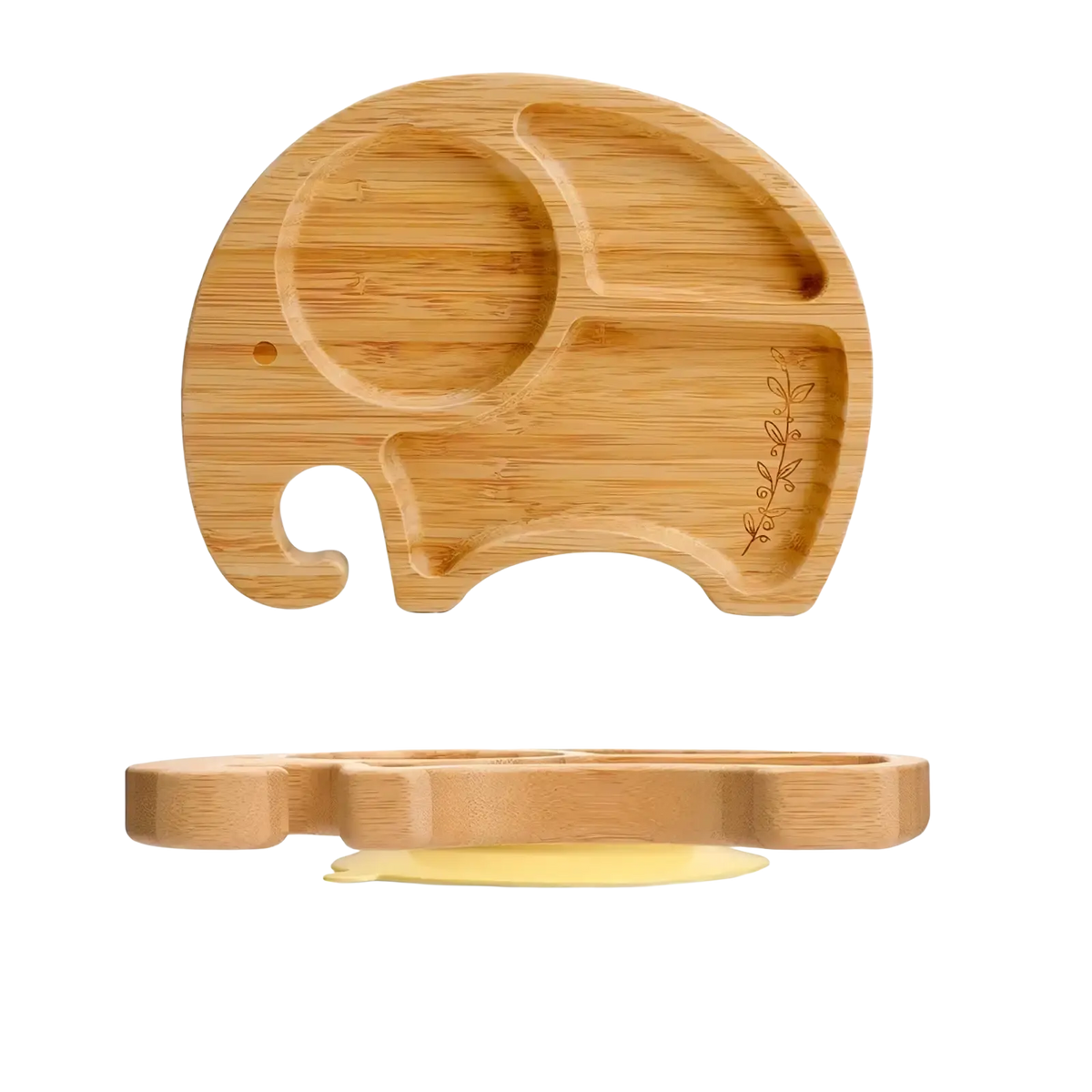 Light brown bamboo elephant shaped children’s plate with three compartments and engraved leaf design for baby feeding