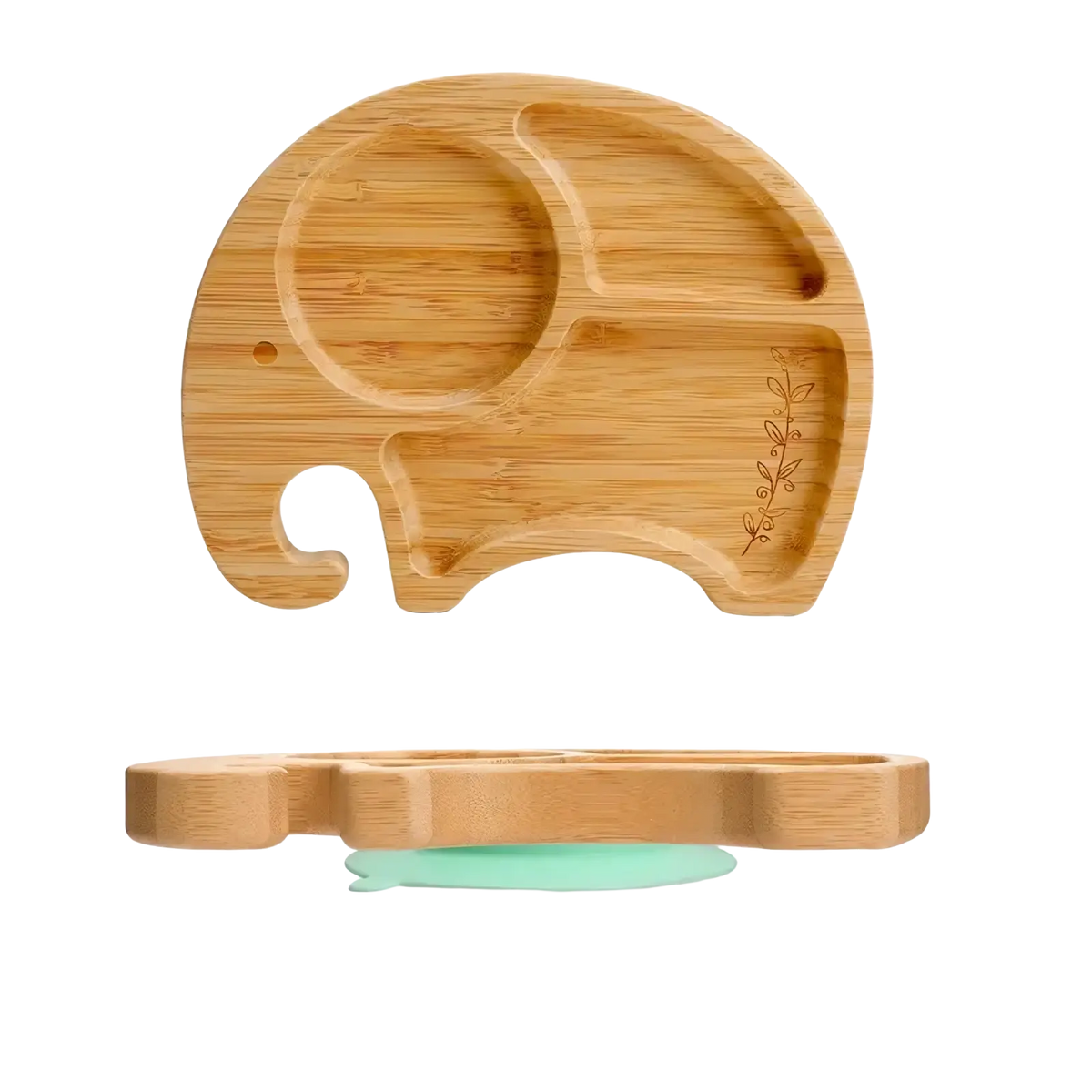 Light brown bamboo elephant-shaped baby plate with three compartments and engraved leaf design in bamboo feeding set