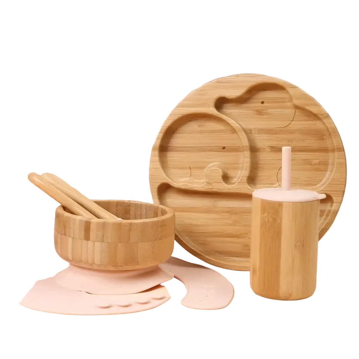 Light brown bamboo baby feeding set with silicone tableware featuring an elephant shaped plate bowl and sippy cup