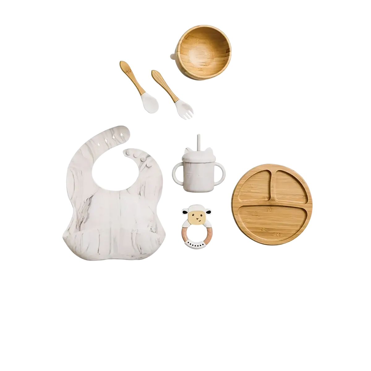 The marble-textured white bamboo baby feeding bib with soft rounded neckline and subtle gray veining