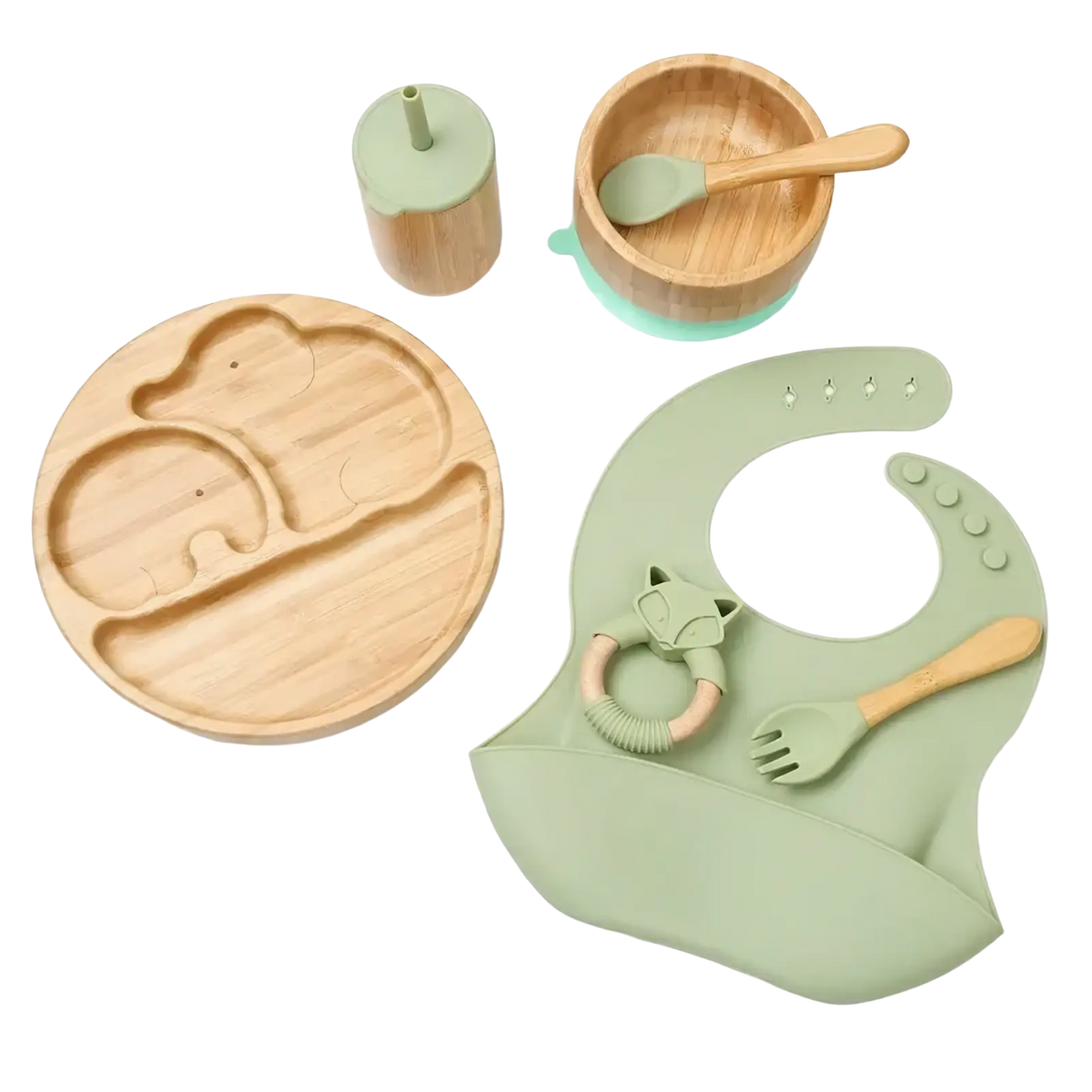 Mint green silicone bib with wooden spoon and fox-shaped teether in bamboo baby feeding set with silicone tableware
